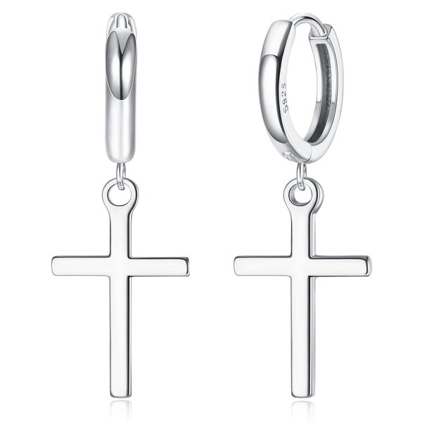 Milacolato S925 Sterling Silver Cross Hoop Earrings 18K White Gold Plated Minimalist Dangle Cross Huggie Cuff Earrings Hypoallergenic Lightweight Trendy Cross Hoop Earrings for Men Women
