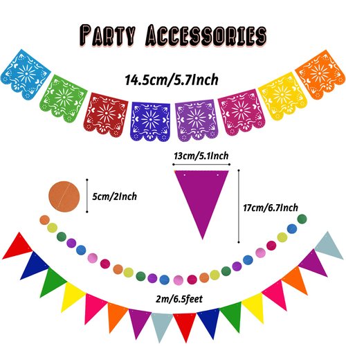 Recosis Mexico Party Decorations, Fiesta Paper Fans Pom Poms Picado Banner Pennant Garland String Hanging Swirls Decorations for Mexican Fiesta Cinco De Mayo Taco Themed Birthday Party Supplies
