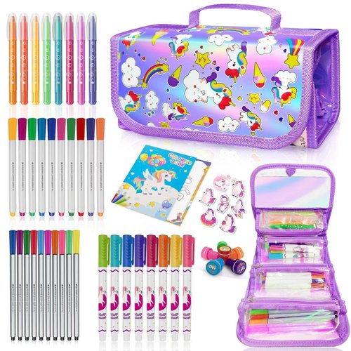 weirtoya Washable Fruit Scented Markers Set with Unicorn Pencil Case Stickers Stamps Coloring Book, STEM Toys Unicorns Gifts for Girls Birthday Gifts for Girls 4-9 Years