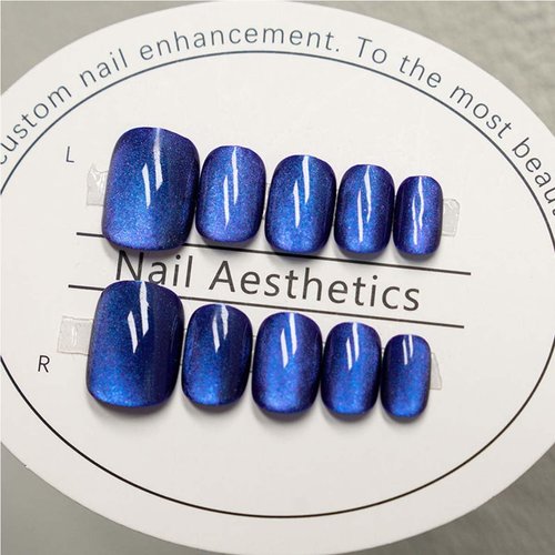 Glitter Press on Nails Short Square Fake Nails Cat Eye False Nails with Design Blue Acrylic Nails Artificial Glue on Nails Full Cover Stick on Nails for Women Girls Manicure Art 24Pcs