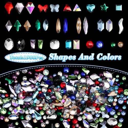 3D Colorful Rhinestones for Nails, Multi Shape Sizes Flatback Nail Art Rhinestones, Mix AB Red Blue Green Champagne Gold Black Yellow Nail Beads Glass Gems for Nails DIY Crafts Jewelry