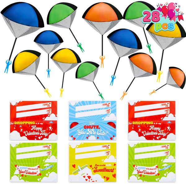 JOYIN 28 Pack Valentine's Day Parachute Toy with Cards,Army Soldiers Guys Toy, No Battery Throwing Hand Toy for Kids Party Favor, Valentine’s Greeting Cards