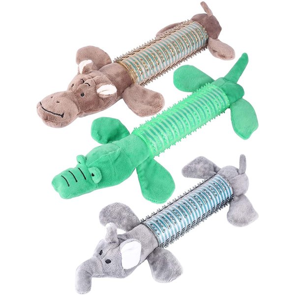 Plush Squeaky Dog Chew Toys 3 Packs, Indestructible Tough Durable Dog Toothbrush Toys for Small and Medium Dogs Natural Material Dental Care Puppy Toys (Brown& Gray& Green)