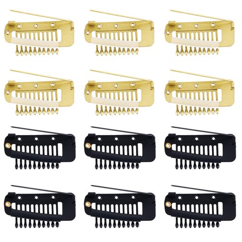 12pcs Wig Clip with Safety Pins, 10-Teeth Hair Extension Snap Invisible Wig Combs to Secure Wig No Sew Chunni Grip Dupatta Clips for Girls Women Wig Headscarf Hijab & Tikka (Black, Gold)