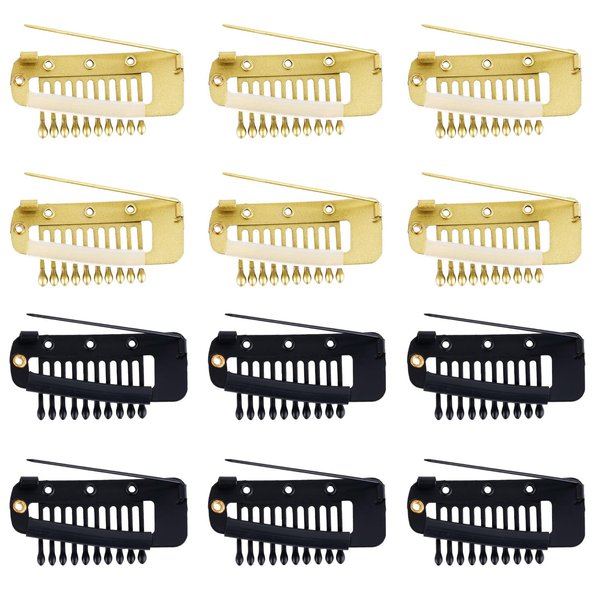 12pcs Wig Clip with Safety Pins, 10-Teeth Hair Extension Snap Invisible Wig Combs to Secure Wig No Sew Chunni Grip Dupatta Clips for Girls Women Wig Headscarf Hijab & Tikka (Black, Gold)