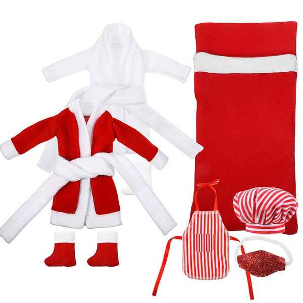8 Pcs Christmas Elf Doll Clothes Sleeping Bag Accessories Including Christmas Doll Sleeping Bag, Bathrobe, Socks, Apron and Cap for Xmas Doll Clothes Kit (Red)