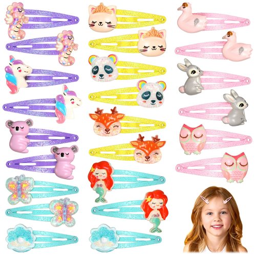 Hanaive 24 Pcs Rainbow Unicorn Clips Metal Hair Clips Unicorn Snap Barrettes Cute Mermaid Hair Pins Sparkly Animal Hair Accessories for Toddlers Little Girls Birthday Party Gifts(Animal Pattern)