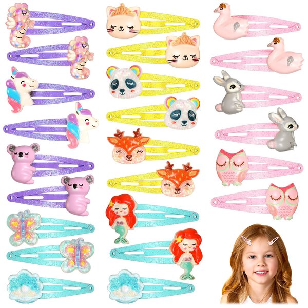 Hanaive 24 Pcs Rainbow Unicorn Clips Metal Hair Clips Unicorn Snap Barrettes Cute Mermaid Hair Pins Sparkly Animal Hair Accessories for Toddlers Little Girls Birthday Party Gifts(Animal Pattern)