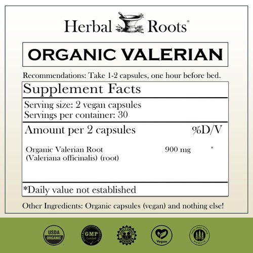Herbal Roots Pure Organic Valerian Root Capsules - 900 mg - Non-Habit Forming with no Melatonin, Non-GMO - 60 Count Vegan Capsules, Herbal Supplement