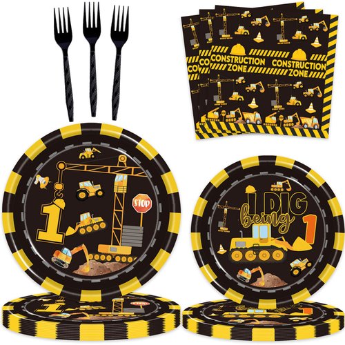 92 Pcs Construction 1st Birthday Party Supplies Dump Truck Theme One Tableware Includes Hanging Swirl, Ballons, Plates, Table Cloth for Boys Im Digging Being 1 Birthday Party Decorations Favors