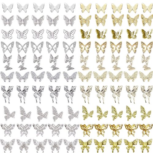 KACHIMOO 100pcs Butterfly Nail Charms Butterfly Charms for Nails Gold Butterfly Nail Charms 3D Nail Butterfly Charms Aolly Butterfly Charms for Acrylic Nails DIY