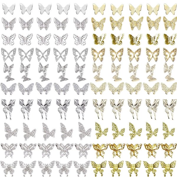 KACHIMOO 100pcs Butterfly Nail Charms Butterfly Charms for Nails Gold Butterfly Nail Charms 3D Nail Butterfly Charms Aolly Butterfly Charms for Acrylic Nails DIY
