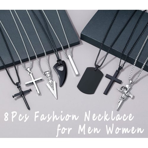 MAIBAOTA 8 Pcs Necklace for Men, Mens Necklaces Jewelry Set, Black and Silver Stainless Steel Necklace, Cross Pendant Necklace, 16-24 inches Chain