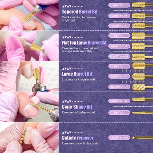 Depvko 13Pcs Nail Drill Bits Set, Tungsten Carbide Drill Bits for Nails, Cuticle Nail Drill Bits for Acrylic Nails Remover Bits for Manicure Pedicure, Home Salon (Gold)