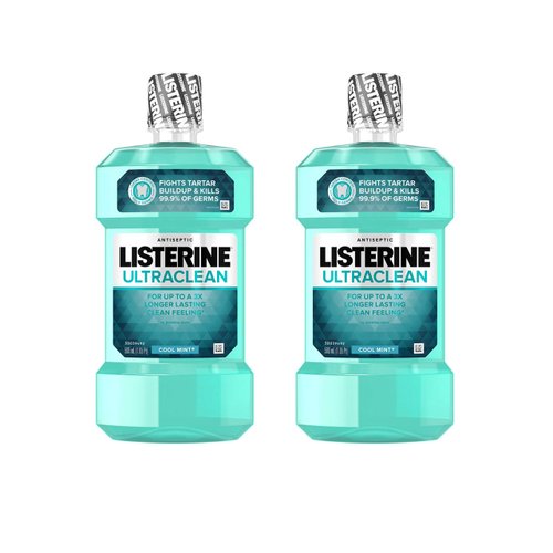 Listerine Ultraclean Oral Care Antiseptic Mouthwash to Help Fight Bad Breath Germs Gingivitis Plaque and Tartar Oral Rinse for Healthy Gums Fresh Flavor 500 ml,Blue,Cool Mint,33.814 Fl Oz,Pack of 2