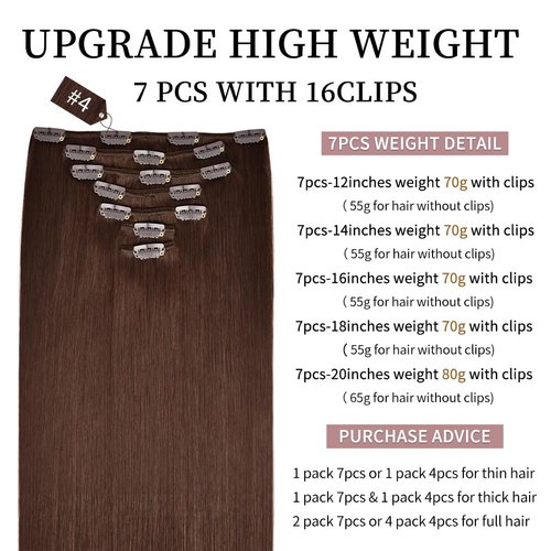 14 inches Clip in hair Extensions Remy Human Hair - 70g 7pcs 16 Clips Straight Thick 100% Real Human Hair Extensions for Women Medium Brown #4 Color