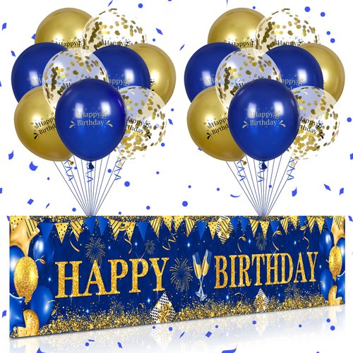 Blue Happy Birthday Decorations for Men Women, Navy Blue and Gold Birthday Yard Banner and 18 PCS Birthday Balloons Blue Gold Anniversary Birthday Party Supplies for Boy Girl Indoor Outdoor Yard Decor