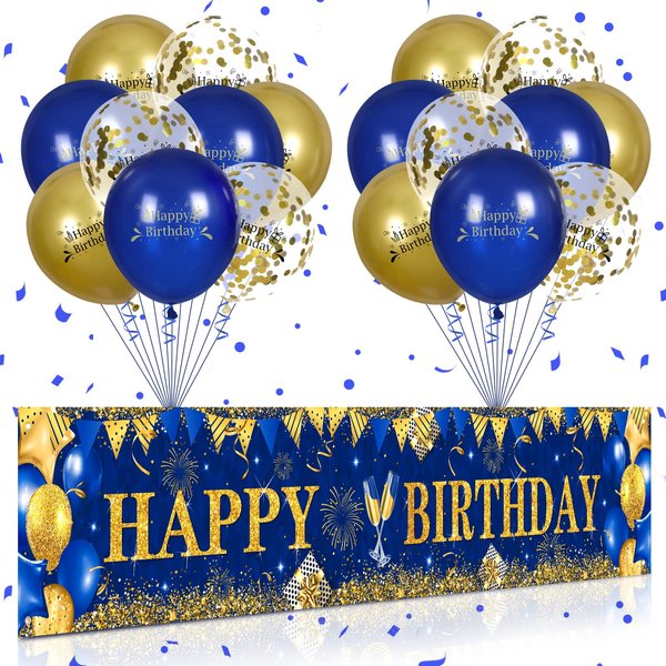 Blue Happy Birthday Decorations for Men Women, Navy Blue and Gold Birthday Yard Banner and 18 PCS Birthday Balloons Blue Gold Anniversary Birthday Party Supplies for Boy Girl Indoor Outdoor Yard Decor