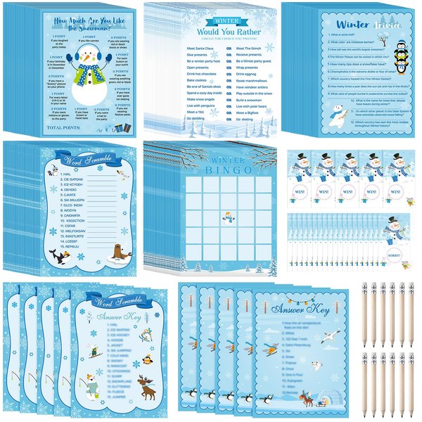 Harloon 172 Pcs Christmas Games Set Christmas Party Games for Adults Holiday Trivia Winter Activities Santa Word Scramble Christmas Bingo Games for Family Xmas Christmas Party Supplies(Winter Style)