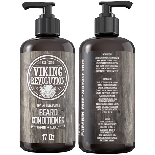 Viking Revolution Beard Conditioner w/Argan & Jojoba Oils - Softens & Strengthens - Natural Peppermint and Eucalyptus Scent- Beard Conditioner w/Beard Oil (17oz Conditioner)