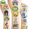 103 PCS Funny Down Syndrome Awareness Temporary Tattoos Stickers Theme Party Decorations Supplies Favors Decor Care Blue Yellow Ribbon Tattoo Sticker Gifts For Boys Girls Class Prizes Carnival