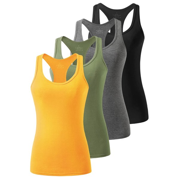 Femdouce Racerback Workout Tank top for Women Activewear Running top Yoga 4 Pack Black/Grey/Army green/Yellow S