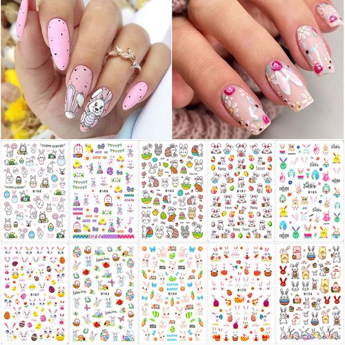10 Sheets Easter Nail Art Stickers 3D Easter Nail Decals Cute Bunny Nail Stickers Self Adhesive Easter Egg Chick Carrot Rabbit Nail Decals Spring Manicure Design Nail Stickers for Women Kids Girls
