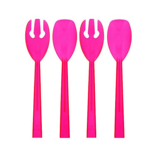 Party Essentials Hard Plastic 9-1/2" Two Piece Serving Utensil Set with Forks/Spoons, Neon Pink, 2 Set-Count