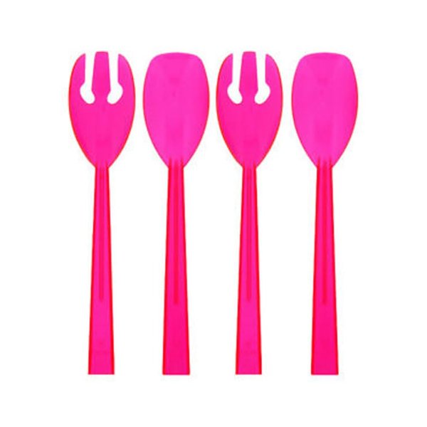 Party Essentials Hard Plastic 9-1/2" Two Piece Serving Utensil Set with Forks/Spoons, Neon Pink, 2 Set-Count