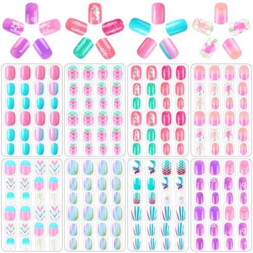 JANYUN 192Pcs Fake Stick on Nails for Kids Pre-glue Full Cover Short False Nail Tips Stick on Nails for Kids Children Lovely Gift Girls Nail Art Decoration
