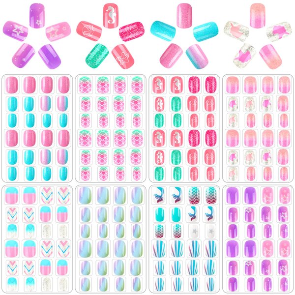 JANYUN 192Pcs Fake Stick on Nails for Kids Pre-glue Full Cover Short False Nail Tips Stick on Nails for Kids Children Lovely Gift Girls Nail Art Decoration