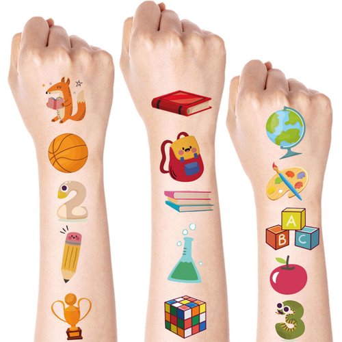 Back To School Tattoo Stickers Cute Bus Temporary Tattoos Stickers Stationery Globe Pencil Water Transfer Stickers First Day of School Art Sticker Arm Body Decoration for Students Adult 10 Sheets
