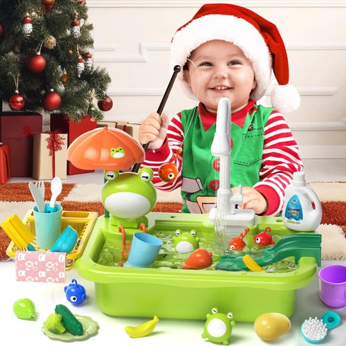 Toddler Toys Kitchen Sink & Fishing Playset – Play Sink with Running Water, Electric Faucet, Play Food & Kitchen Accessories, Bath Water Toys, Pretend Play Toys for Boys Girls Gifts – 3 Years +