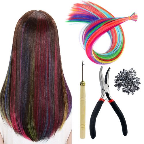 Vieuinaux Rainbow Hair Extensions, 100s mixed Colored I Tip Hair For Women Kids Gift Cosplay Dress Up Party Highlights Synthetic Fiber I Tip Feather Hair Extensions (100 strands mixed)