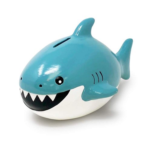 Isaac Jacobs Ceramic Shark Money Bank, Fish Piggy Bank, Ocean or Sea Themed Decoration, Baby Shark, Girls and Boys Room Décor, Kids Cartoon Coin Bank, Fun Gift for Children, Boys (Blue)
