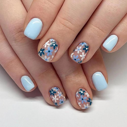 24Pcs Blue Flower Press on Nails Short Square Fake Nails Reusable Acrylic Full Cover Glue on Nails Light Blue False Nails Glossy Spring Flowers Stick on Nails for Women Manicure Decorations Set