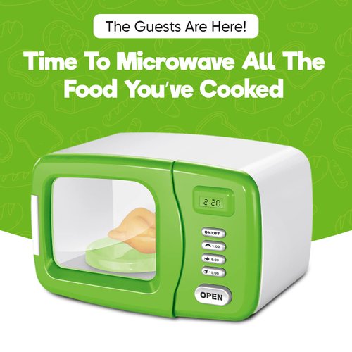 Misco Toys Kids Microwave Kitchen Appliances, Childrens Microwave Oven Pretend Play Appliance Set for Toddlers, Cookware Toy Set, Real Function Lights and Sounds, Ages 3+ (Green)