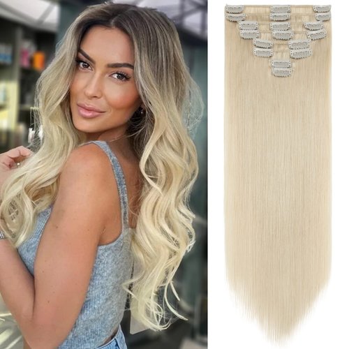 S-noilite Clip in Remy Human Hair Extensions Short Hair Extension Full Head 8 Pieces 18 Clips 100% Real Human Hair 8 Inch-65g (#60 Platinum Blonde)