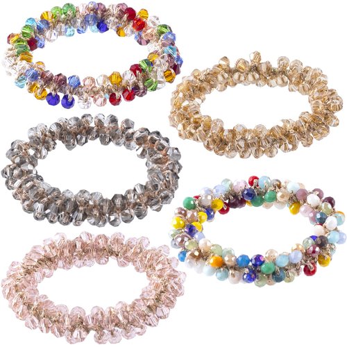 PAGOW 5PCS Crystal Ponytail Holder, Pearl Scrunchies Hair Bands, Retractable Hair Ties for Women And Girls