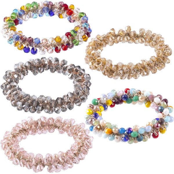 PAGOW 5PCS Crystal Ponytail Holder, Pearl Scrunchies Hair Bands, Retractable Hair Ties for Women And Girls