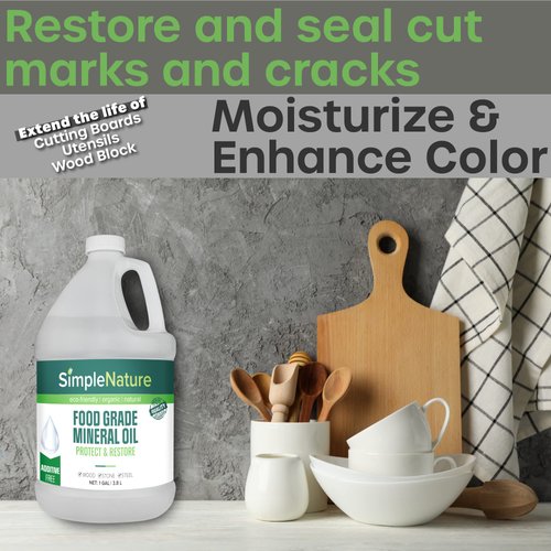 SimpleNature Food Grade Mineral Oil - for Moisturizing, Lubricating, Restoring & Protecting Wood, Cutting Boards, Butcher Block, Countertops, and Stainless Steel (1 Gallon)