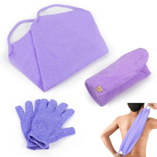Roucerlin Purple Hair Towel Exfoliating Glove Body Scrub Towel Set, Elastic Hair Turban Towel Shower Gloves Exfoliator Cloth Nylon, Hair Wrap Towels Shower Bath Gloves Body Scrub Cloth for Women Men