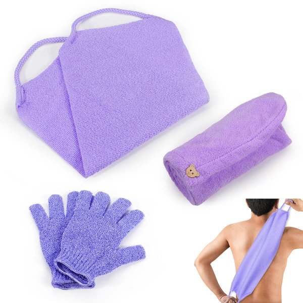 Roucerlin Purple Hair Towel Exfoliating Glove Body Scrub Towel Set, Elastic Hair Turban Towel Shower Gloves Exfoliator Cloth Nylon, Hair Wrap Towels Shower Bath Gloves Body Scrub Cloth for Women Men