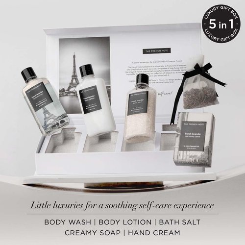 Kimirica The French Note Bath Essential Gift Set | Infused with Authentic French Lavender | Contains Shower Gel, Body Lotion, Bath Salt, Bathing Bar & Lavender Potli with Buds | 5 Piece Set
