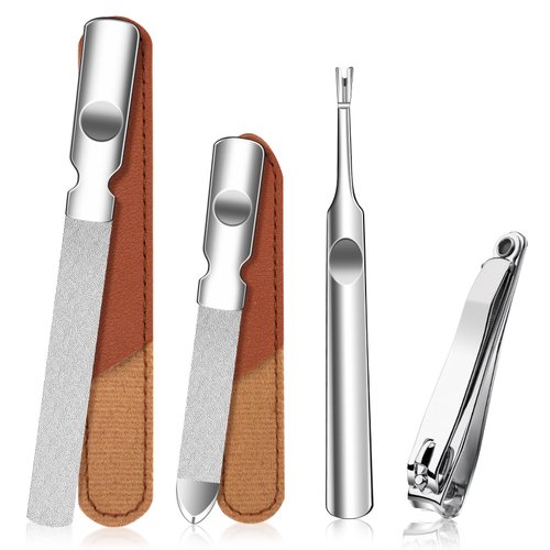 Metal Nail Files, 4 in 1 Double Sided Stainless Steel Nail Files for Natural Nails, Reusable Diamond Travel Nail File Nail Clipper Set Fingernail Toenail Manicure Pedicure Tools for Men and Women