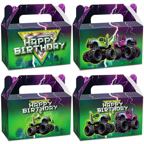 12Pcs Green Purple Monster Truck Treat Boxes Monster Truck Birthday Party Decorations Racing Truck Theme Party Favor Gift Boxes Monster Truck Goodie Boxes for Kids Birthday Party Supplies 6 x 3 x 3.6
