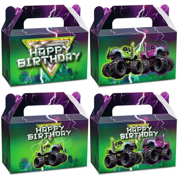 12Pcs Green Purple Monster Truck Treat Boxes Monster Truck Birthday Party Decorations Racing Truck Theme Party Favor Gift Boxes Monster Truck Goodie Boxes for Kids Birthday Party Supplies 6 x 3 x 3.6