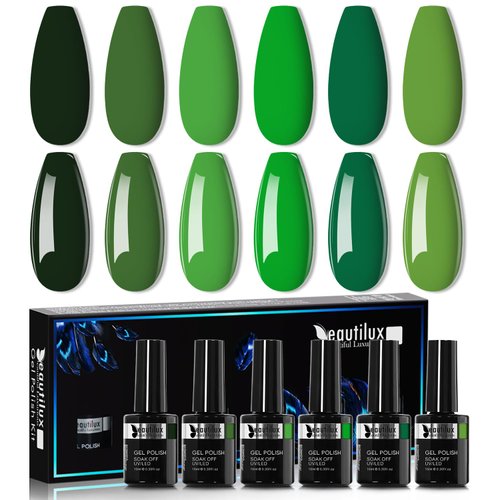 beautilux Green Gel Nail Polish, 6 Colors 10ml Green Gel Polish, Soak Off Forest Green Nail Gel N...