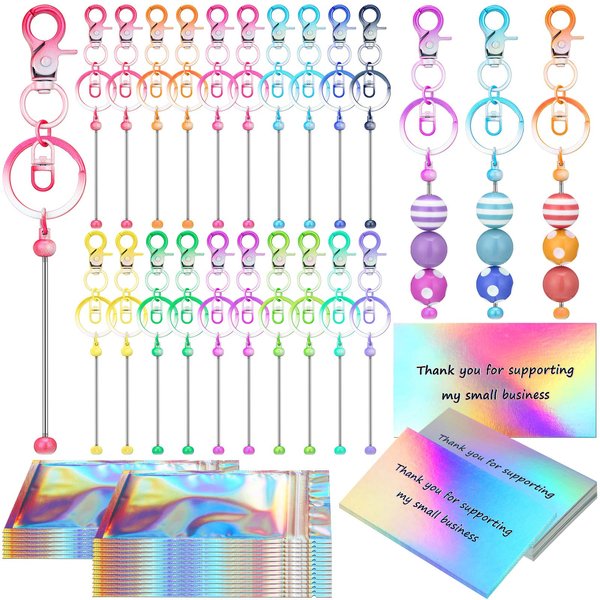 Nosiny 60 Pcs DIY Keychain Sets Includes 20 Vintage Beaded Keychain Bars Bulk 20 Resealable Pouch Bag 20 Thank You Gift Cards for Craft Appreciation DIY Projects Pendant Craft Jewelry