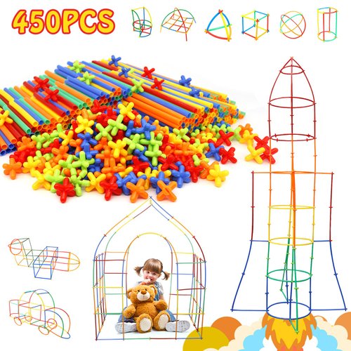 Creative Straw STEM Building Toys 450Pcs Aged for 3-5 5-7 Preschool Kids Constructor Toy Thin Tube Toy DIY Educational Interlocking Plastic Engineering Toys Kit for Boys and Girls